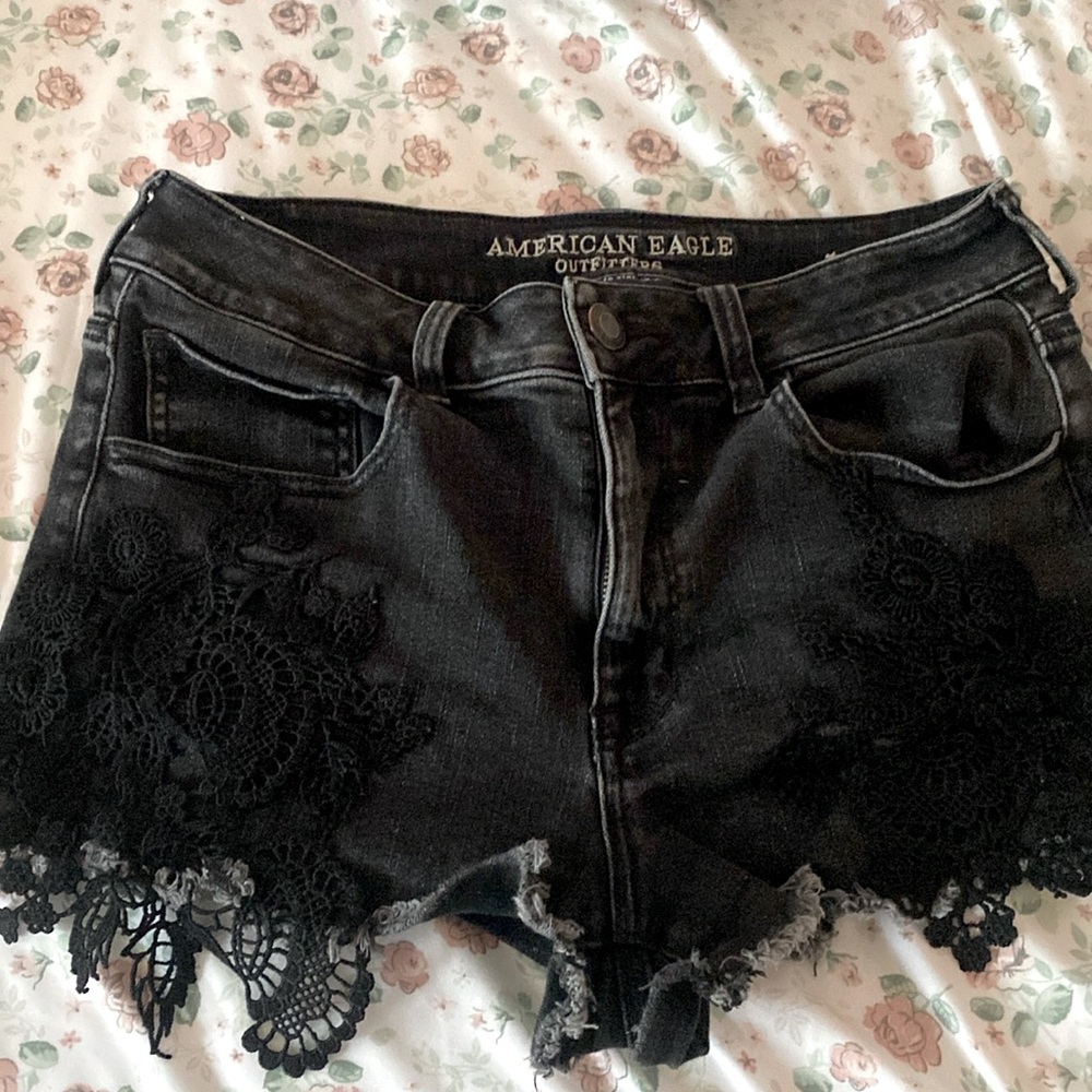 Black American eagle denim short with lace